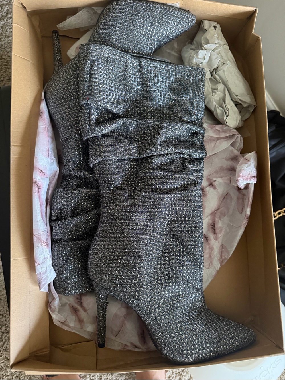 Jessica Simpson Layzer Silver Glitter Slouchy Stiletto Knee Boots